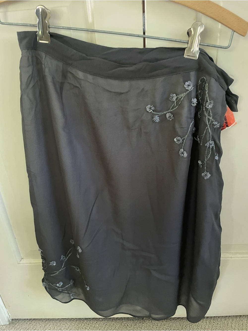 Embroidered Charcoal Sheer Silk Wrap Skirt